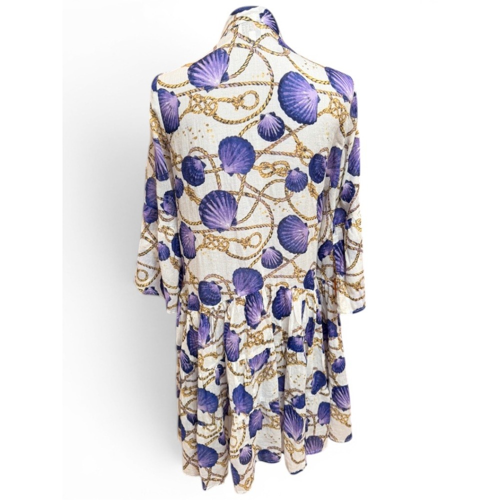 Ayfëe Florence Cotton Gauze Seashell Rope Print Tiered Bell Sleeve Dress M - Picture 5 of 11